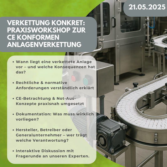 Verkettung konkret – Maschinen sicher verbinden in der Lebensmittelindustrie Praxisworkshop zu CE, Verantwortung & Umsetzung von Gesamtanlagen